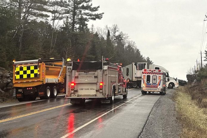 A tractor-trailer jackknifed on Highway 28 north of Apsley on November 21, 2023 due to icy road conditions. (OPP photo)