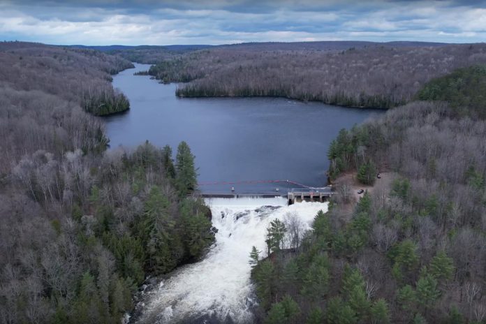 Baptiste Lake Dam north of Bancroft. (kawarthaNOW screenshot of Hawks View Drone video)