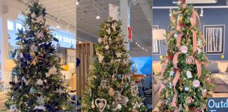 Three of the 24 professionally designed Christmas trees that are available to be won at Bennett's Furniture and Mattresses in Campbellford, Kingston, and Peterborough. Each store will showcase eight trees along with local food and beverages, a silent auction, professional photos, and more from November 29 to December 1, 2023, with proceeds supporting three local hospitals. (kawarthaNOW collage)