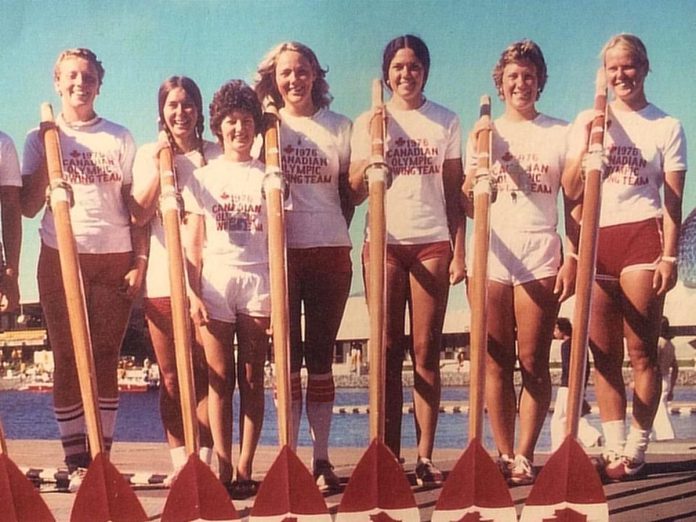 Carol Love (then named Eastmure, far right) was part of the Canadian women's coxed eight team at the 1976 Montréal Olympics when women's rowing made its debut at the Games. She began training for the Olympics only a few years before as a student at McMaster University and competed in her first race at Trent University's Head of the Trent rowing regatta in Peterborough. (Photo: Canadian Olympic Committee)