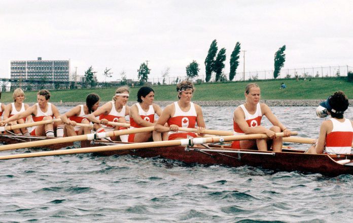 Carol Love (then named Eastmure, second from right) training with the Canadian women's coxed eight team for the 1976 Montréal Olympics, where women's rowing made its debut at the Games. (Photo: Canadian Olympic Committee)