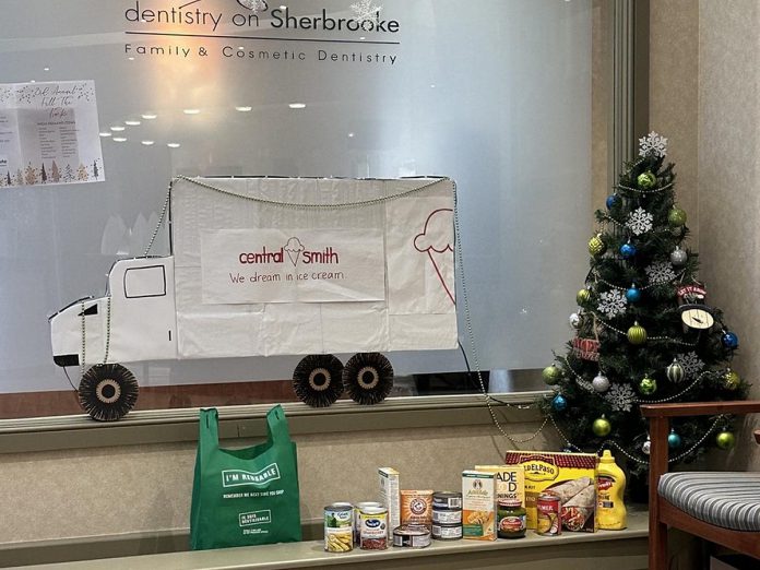 Central Smith's "Fill the Truck" campaign brings together businesses and organizations across Peterborough County to help address food insecurity over the holiday season. Already well on their way to collecting non-perishable food items, Dentistry on Sherbrooke in Peterborough has crafted a fun and creative display in its waiting room to encourage donations. (Photo: Central Smith Creamery / Facebook)