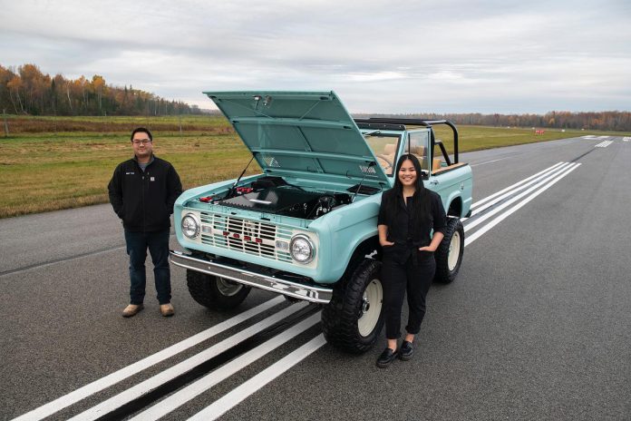 Peterborough-raised brother-and-sister duo Tom Chep and Sloane Paul have launched their green technology start-up, ARC Motor Company, which converts classic cars into high-performance electric vehicles. With support from Community Futures Peterborough, ARC has unveiled its first product: a restored 1974 Ford Bronco that is now fully electric with the use of upcycled lithium-ion batteries and modernized to meet today's safety standards. (Photo: Lucas Scarfone)