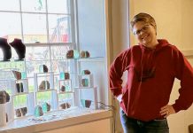 Christy Haldane with some of her work at Lakefield's English Potter & Co. She is one of four artisans at the shop, alongside Emerance Baker of Stoney Lake Textiles, Gail West of the English Potter, and Jim Riches of FriendLilySHOP. On November 4, 2023 from 10 a.m. to 4 p.m. the English Potter is hosting a fall open house with giveaways, refreshments, and the opportunity to discuss commission pieces. (Photo courtesy of Christy Haldane)