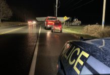 The scene of a fatal collision between a motorcycle and a tractor trailer on County Road 30 east of Warkworth on November 13, 2023. (OPP-supplied photo)
