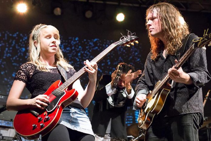 Emily Burgess performing with Ryan Weber of The Weber Brothers at the Hootenanny on Hunter Street in downtown Peterborough in August 2015. (Photo: Linda McIlwain / kawarthaNOW)