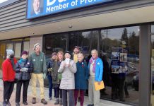 A delegation of 10 members from the environmental group For Our Grandchildren visited Peterborough-Kawartha MPP Dave Smith's constituency office on November 6, 2023 to deliver 100 postcards urging the Ford government to protect old-growth trees in the Catchacoma Forest from logging and to preserve the Greenbelt. (Photo courtesy of For Our Grandchildren)