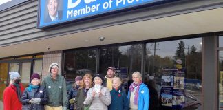 A delegation of 10 members from the environmental group For Our Grandchildren visited Peterborough-Kawartha MPP Dave Smith's constituency office on November 6, 2023 to deliver 100 postcards urging the Ford government to protect old-growth trees in the Catchacoma Forest from logging and to preserve the Greenbelt. (Photo courtesy of For Our Grandchildren)