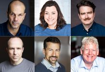 Globus Theatre presents "A Christmas Story ... of Murder" at Lakeview Arts Barn in Bobcaygeon for six performances from November 16 to 25, 2023 with some of Canada's best improvisors and performers including (left to right, top and bottom): Chris Gibbs, Ashley Comeau, Conner Thompson, Kerry Griffin, Dave Pearce, and James Barrett, who is also the writer and director. (kawarthaNOW collage of supplied photos)