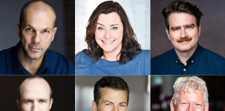 Globus Theatre presents "A Christmas Story ... of Murder" at Lakeview Arts Barn in Bobcaygeon for six performances from November 16 to 25, 2023 with some of Canada's best improvisors and performers including (left to right, top and bottom): Chris Gibbs, Ashley Comeau, Conner Thompson, Kerry Griffin, Dave Pearce, and James Barrett, who is also the writer and director. (kawarthaNOW collage of supplied photos)