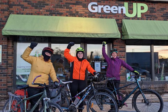 Jackie Donaldson, Eileen Kimmett, and Tegan Moss of GreenUP celebrate winter cycling as a method of active travel to work. (Photo: Ashley Burnie / GreenUP)