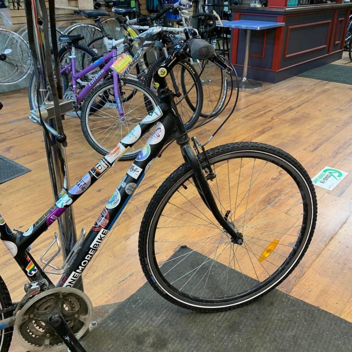 Eileen Kimmett's bike in the B!KE: Peterborough's Community Bike Shop's workspace.  No matter what age or stage you are at in riding, B!KE can help you select a bicycle, discuss winter cycling clothing, and will suggest safety tips, trails, and routes that can help you enjoy riding a bike in winter. (Photo: Eileen Kimmett / GreenUP)