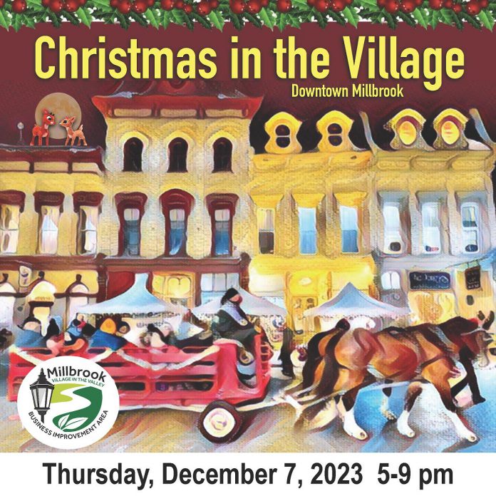 Christmas in the Village takes place along King Street in Millbrook on December 7, 2023 a fun-filled evening of family events including gingerbread house contests, carolling, photos with Santa, food and craft vendors, and horse-drawn wagon rides. (Graphic: Millbrook BIA)