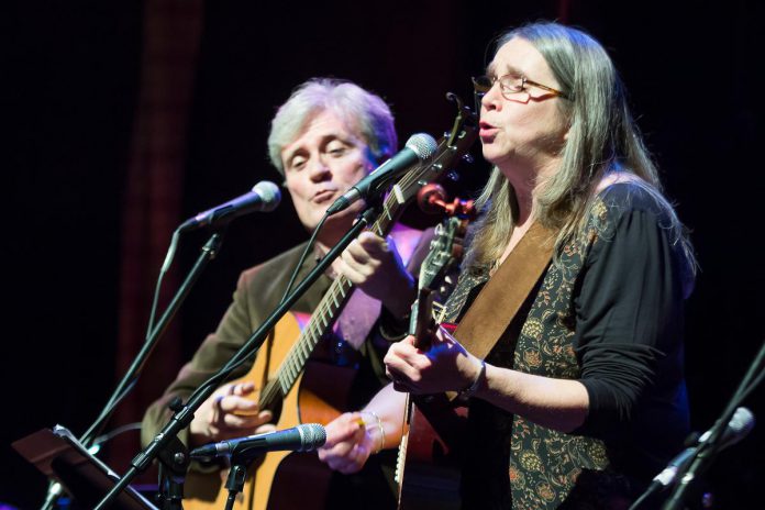 In From The Cold co-founders Rob Fortin, Susan Newman, and John Hoffman (not pictured) performing as Carried Away during the benefit concert for Peterborough's YES Shelter for Youth and Families in 2015. The trio will again perform seldom-heard seasonal songs when In From The Cold returns for its 24th year on December 8 and 9, 2023 at Market Hall Performing Arts Centre. (Photo: Linda McIlwain / kawarthaNOW)