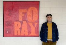 Artist Jeffrey Macklin was one of four local artists chosen for phase one of the City of Peterborough's public art project Indoor-Outdoor, which integrates artwork into city facilities and buildings. His "Foray" (2022, mixed media on plywood, 48x48in) is now one of the first things visitors see when stepping into the Kinsman Civic Centre. A relief (letterpress) printer, mixed media artist, and freelance graphic designer who owns and operates Jackson Creek Press, Macklin is also an advocate for the arts often hosts workshops and classes out of Peterborough's many supportive spaces, and organizes events for local artists like Focus Fair. (Photo: City of Peterborough)