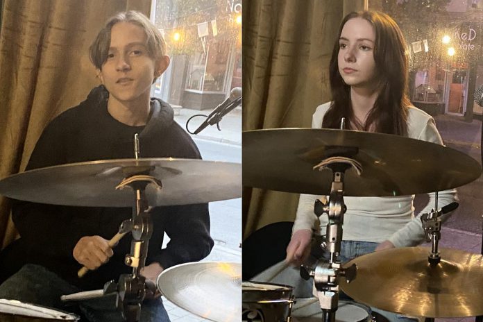 The Jethro's Blues Jam is a weekly opportunity for novice performers both young and old to get on stage. William MacCurdy and Maddy Hope, both 15 years old and both drummers, show up on a regular basis at the Jethro's Blues Jam and provide the backbeat for a few songs. (Photos: Paul Rellinger / kawarthaNOW)