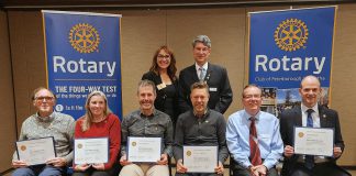 Paul Harris Fellows Rob Steinman, Michelle Patton Horner, Scott Murison and Kieran Andrews, Robert Smith, and Dave Morello, with Rotary district governor Juanita Hodgson and Kawartha Rotary president Paul Landau looking on. Paul Harris Fellow Chloë Black was not present to accept her recognition for international service as she is currently in Ukraine, and her father Alan Black was unable to accept the honour on her behalf due to illness. (Photo courtesy of Rotary Club of Peterborough Kawartha)