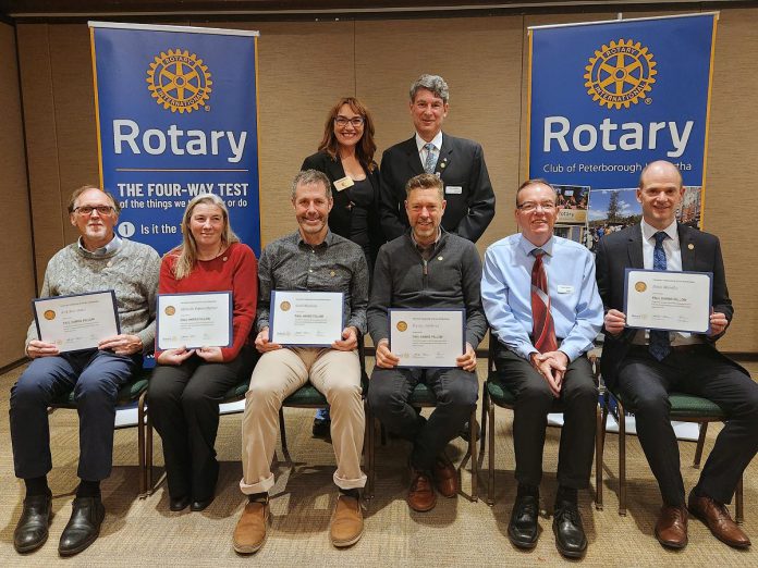 Paul Harris Fellows Rob Steinman, Michelle Patton Horner, Scott Murison and Kieran Andrews, Robert Smith, and Dave Morello, with Rotary district governor Juanita Hodgson and Kawartha Rotary president Paul Landau looking on. Paul Harris Fellow Chloë Black was not present to accept her recognition for international service as she is currently in Ukraine, and her father Alan Black was unable to accept the honour on her behalf due to illness. (Photo courtesy of Rotary Club of Peterborough Kawartha)