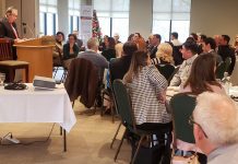 Peterborough Mayor Jeff Leal speaks to the crowd at the annual Mayor's Breakfast at the Peterborough Golf Country and Club on November 21, 2023. Hosted by the Peterborough and the Kawarthas Chamber of Commerce, the event also featured an update from Martin Imbleau, the newly minted CEO of VIA HFR (High Frequency Rail), on the planned high frequency rail corridor between Toronto and Quebec City. (Photo: Jeannine Taylor / kawarthaNOW)