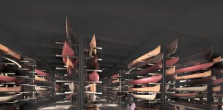 The Collection Hall at The Canadian Canoe Museum's new waterfront location in Peterborough will feature racks of canoes, kayaks, and paddled watercraft from around the world, representing diverse cultures and building techniques, each with a valuable story. The space will be visible to visitors and accessible for tours and by appointment. (Rendering: Lett Architects Inc.)