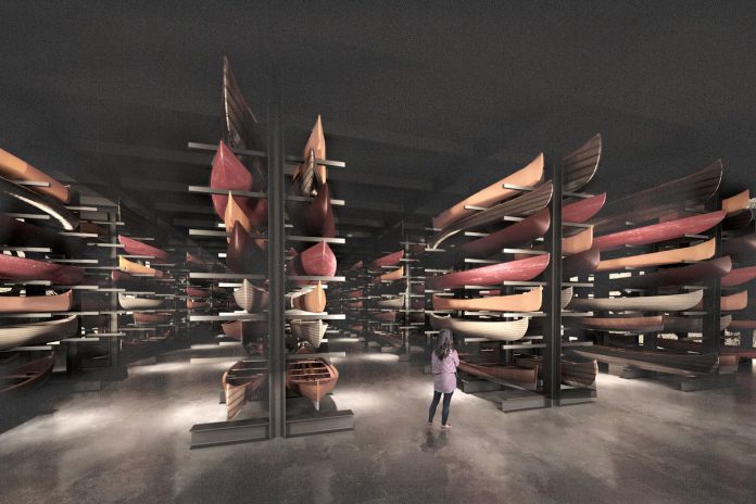 The Collection Hall at The Canadian Canoe Museum's new waterfront location in Peterborough will feature racks of canoes, kayaks, and paddled watercraft from around the world, representing diverse cultures and building techniques, each with a valuable story. The space will be visible to visitors and accessible for tours and by appointment. (Rendering: Lett Architects Inc.)