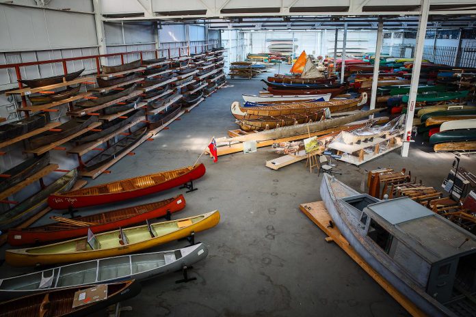 The Canadian Canoe Museum's current collection centre pictured in 2018. For decades, the majority of the museum's collection has been stored in an old warehouse behind the museum that has been largely inaccessible to the public. The new museum's Collection Hall will house the entire collection under one roof for the first time in its history, where it will be visible and accessible to visitors. (Photo: FusionRiver Photography)
