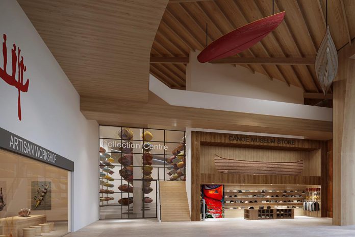 The 20,000-square-foot Collection Hall is situated on the main floor of the new museum, next to the Artisan Workshop where the living traditions of canoe building will be visible to inspire visitors. With 23-foot-high ceilings and a glass wall in the atrium and mezzanine, visitors will be able to take in the vast expanse and diversity of the collection for the first time in the museum's history. (Rendering: Lett Architects Inc.)