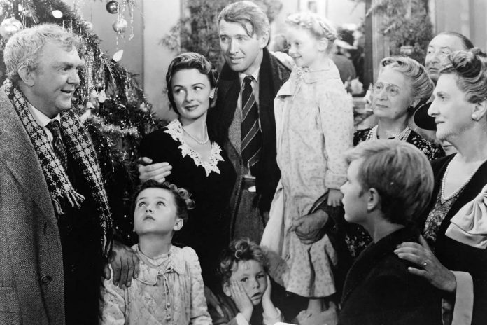Donna Reed and James Stewart (middle) in a scene from Frank Capra's classic 1946 Christmas film "It's a Wonderful Life." In New Stages Peterborough's production of "It's a Wonderful Life: A Live Radio Play," five actors will perform all the characters from the film as well as sound effects. (Photo: RKO Radio Pictures)