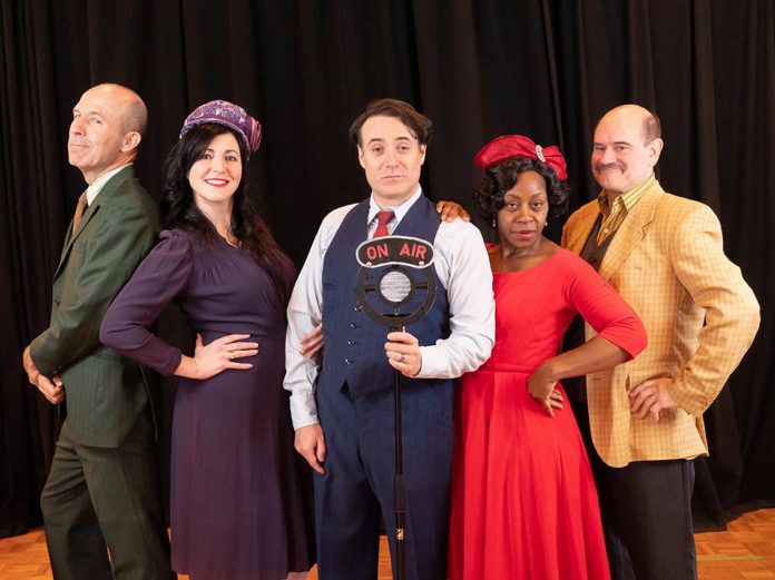 New Stages Peterborough is presenting "It's a Wonderful Life: A Live Radio Play" at Market Hall Performing Arts Centre in downtown Peterborough for six performances from December 13 to 17, 2023. Set in a 1940s radio station before a live "studio" audience, actors (from left to right) Kerry Griffin, Megan Murphy, M. John Kennedy, Ordena Stephens-Thompson, and Brad Brackenridge will play all the characters from the movie and also create all of the sound effects. (Photo: Andy Carroll)