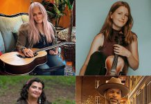 Musicians Astrid Young, Irish Millie, Saskia Tomkins, and Sule Heitner will perform at "Not Yet Yule Kitchen Party" on December 3, 2023, a fundraiser hosted by Astarte Devi at her Peterborough home that will also include a 10-course tapas dinner, with proceeds supporting Kawartha Youth Orchestra's Upbeat! Downtown after-school music program for children who face barriers to accessing music education. (kawarthaNOW collage of artist photos)