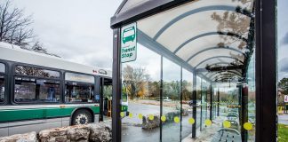 A Peterborough Transit bus in front of a transit stop. (Photo: City of Peterborough)