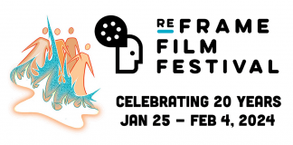 Discounted early bird passes are on sale until December 1 for the 2024 ReFrame Film Festival, which features an in-person component hosted at Showplace Performance Centre and Market Hall Performing Arts Centre in downtown Peterborough from January 25 to 28 followed by an on-demand virtual component from January 29 to February 4. (Logo: ReFrame Film Festival with creative by artist Ceilidh Pitaw)