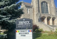 The Trinity Centre community hub for those experiencing homelessness at the former Trinity United Church on Reid Street in Peterborough was established after the church congregation sold the property to the Peterborough Poverty Reduction Network (PPRN) earlier this year. One City Peterborough will operate the space with funding from the City of Peterborough, with renovations also being supported with federal homelessness funding administered by United Way Peterborough & District. (Photo: Paul Rellinger / kawarthaNOW)