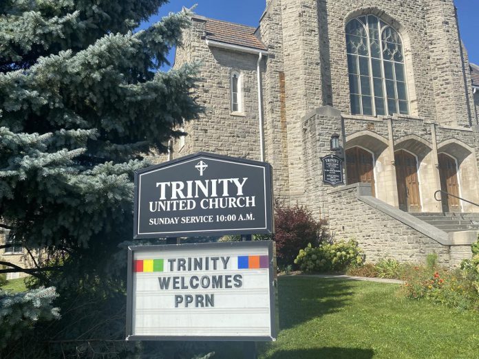 The Trinity Centre community hub for those experiencing homelessness at the former Trinity United Church on Reid Street in Peterborough was established after the church congregation sold the property to the Peterborough Poverty Reduction Network (PPRN) earlier this year. One City Peterborough will operate the space with funding from the City of Peterborough, with renovations also being supported with federal homelessness funding administered by United Way Peterborough & District. (Photo: Paul Rellinger / kawarthaNOW)