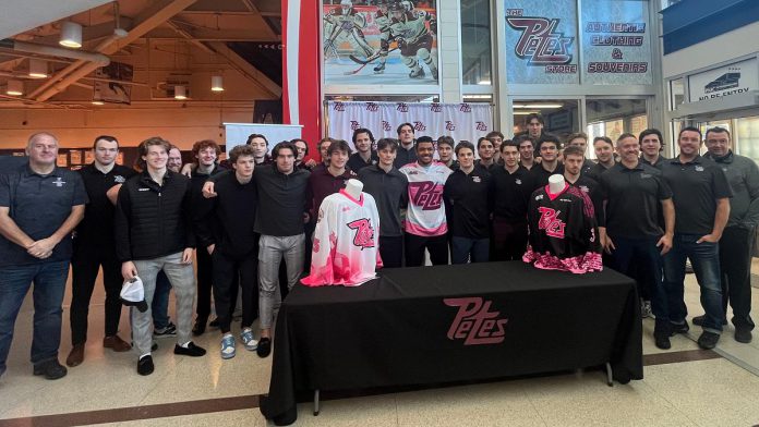 For the 15th annual Pink in the Rink game raising funds for cancer care, all Peterborough Petes players and coaches will act as ambassadors. The Petes have set a $50,000 fundraising goal for the games on February 3, 2024, with proceeds supporting the Wheels of Hope transportation program at the Canadian Cancer Society. If the $50,000 goal is reached, Pink in the Rink will have raised over $1 million in the past 14 years. (Photo courtesy of Peterborough Petes)