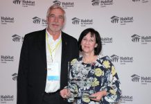 Cathy Borowec (right) receiving the Kenneth J. Meinert Leadership Award from Ken Meinert (left) at the 2019 annual general meeting of Habitat for Humanity Canada. She received the award for her two decades of work supporting the national not-for-profit organization that provides affordable homeownership, most recently as CEO of Habitat for Humanity Kingston Limestone Region. Borowec is returning to Habitat for Humanity Northumberland as CEO in 2024. (Photo: Christina McGory Photography)