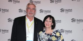 Cathy Borowec (right) receiving the Kenneth J. Meinert Leadership Award from Ken Meinert (left) at the 2019 annual general meeting of Habitat for Humanity Canada. She received the award for her two decades of work supporting the national not-for-profit organization that provides affordable homeownership, most recently as CEO of Habitat for Humanity Kingston Limestone Region. Borowec is returning to Habitat for Humanity Northumberland as CEO in 2024. (Photo: Christina McGory Photography)