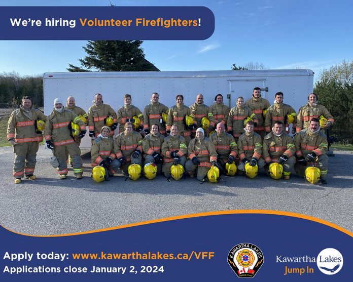 Those interested in joining the Kawartha Lakes Fire Rescue Service as volunteer firefighters in spring 2024 must apply by Tuesday, January 2. (Graphic: City of Kawartha Lakes)