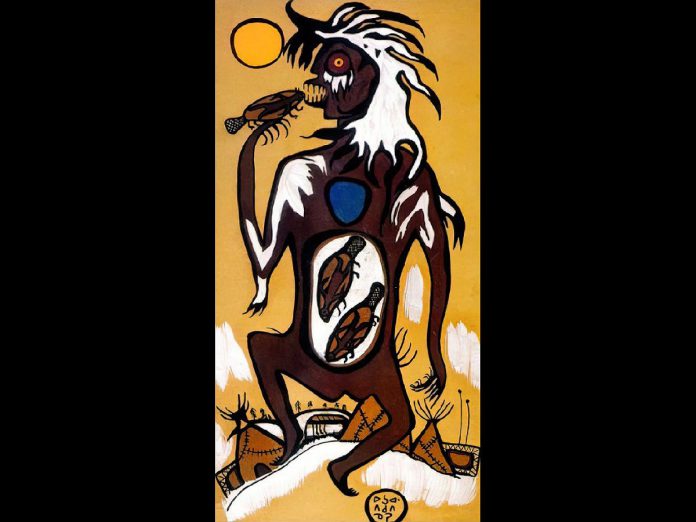 The late Anishinaabe artist Norval Morrisseau's 1964 portrayal of the Wendigo, eating humans who have been transformed into beavers. (Photo: Estate of Norval Morriseau)
