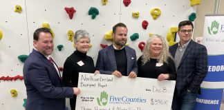 The Ontario government and the Ontario Trillium Foundation have provided $396,100 in capital funding to Five Counties Children's Centre to help develop an outdoor accessible backyard space at the centre's Cobourg location. Pictured are Five Counties Children's Centre CEO Scott Pepin, Ontario Trillium Foundation representative Elaine Sheppard, Northumberland-Peterborough South MPP David Piccini, Northumberland County Early Years Service Manager Lesley Patterson, and Cobourg Mayor Lucas Cleveland. (Photo courtesy of Five Counties Children's Centre)