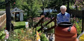 Peterborough resident Ellie Dustler stands behind a rain barrel acquired from the GreenUP Store and Resource Centre. A rain barrel acts as an all-season water conservation tool. By collecting rain water, residents can save money, improve how indoor and outdoor plants are watered, and help reduce the pressure on the local municipal stormwater system during flooding events. (Photo: Melynda Dustler)