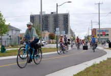In 2023, the City of Peterborough added another safe cycleway - the Bethune Street Bike Boulevard - to help advance active transportation for all ages and abilities. Green Communities Canada's recent Collective Impact Report for 2022-2023 found that participants in member communities' active travel programs walked or biked the equivalent of 115 trips from the coasts of BC to Newfoundland, resulting in 216.7 tonnes of carbon dioxide emissions reductions for the calendar year. (Photo: Lili Paradi / GreenUP)