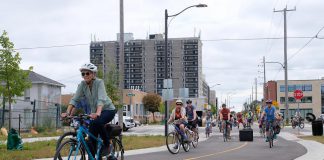 In 2023, the City of Peterborough added another safe cycleway - the Bethune Street Bike Boulevard - to help advance active transportation for all ages and abilities. Green Communities Canada's recent Collective Impact Report for 2022-2023 found that participants in member communities' active travel programs walked or biked the equivalent of 115 trips from the coasts of BC to Newfoundland, resulting in 216.7 tonnes of carbon dioxide emissions reductions for the calendar year. (Photo: Lili Paradi / GreenUP)