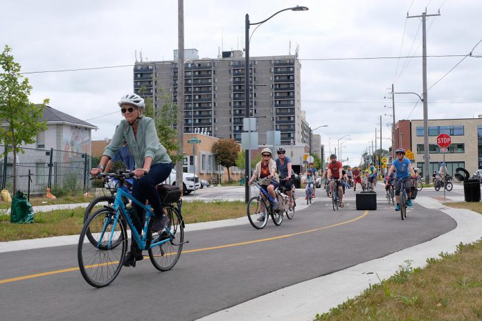 In 2023, the City of Peterborough added another safe cycleway - the Bethune Street Bike Boulevard - to help advance active transportation for all ages and abilities. Green Communities Canada's recent Collective Impact Report for 2022-2023 found that participants in member communities' active travel programs walked or biked the equivalent of 115 trips from the coasts of BC to Newfoundland, resulting in 216.7 tonnes of carbon dioxide emissions reductions for the calendar year. (Photo: Lili Paradi / GreenUP)
