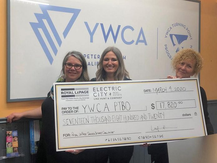 On March 4, 2023, Linz Hunt (middle) presented YWCA Peterborough Haliburton with a cheque for $17,820 in support of YWCA Crossroads Shelter. The funds were raised as part of Royal LePage Shelter Foundation’s 2019 Sahara Desert Challenge for Shelter. (Photo courtesy of Linz Hunt)