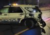 One of two Peterborough police cruisers damaged after officers attempted to stop a driver who was driving his vehicle erratically on December 3, 2023. The officers, who both received minor injuries, were able to apprehend the driver, who was charged with impaired driving along with multiple drug and other offences. (Police-supplied photo)
