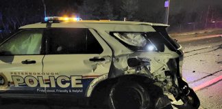 One of two Peterborough police cruisers damaged after officers attempted to stop a driver who was driving his vehicle erratically on December 3, 2023. The officers, who both received minor injuries, were able to apprehend the driver, who was charged with impaired driving along with multiple drug and other offences. (Police-supplied photo)