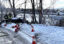 Police released this photo of a vehicle that left the roadway and hit a tree after the driver failed to negotiate a sharp turn on Pinehill Road south of Bridgenorth on December 19, 2023. After being extricated from the vehicle, a 24-year-old Milton man was pronounced dead at the scene. (Photo: Peterborough County OPP)