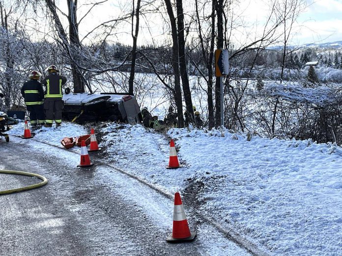 Police released this photo of a vehicle that left the roadway and hit a tree after the driver failed to negotiate a sharp turn on Pinehill Road south of Bridgenorth on December 19, 2023. After being extricated from the vehicle, a 24-year-old Milton man was pronounced dead at the scene. (Photo: Peterborough County OPP)