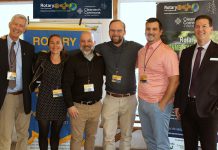 Applications for the 2024 Rotary Environmental Innovators Fund (REIF) are open until March 6, 2024. REIF committee chair Graham Wilkins (left) and Cleantech Commons executive director Martin Yuill are pictured with last year's winners (from left to right): Carlotta James of Monarch Ultra, Craig Onafrychuk of Baxter Creek Watershed Alliance, environmentalist Dylan Radcliffe, and Zachary McCue of REPWR. Not pictured is Christa Plumley of Ava & Ziva. (Photo courtesy of REIF)